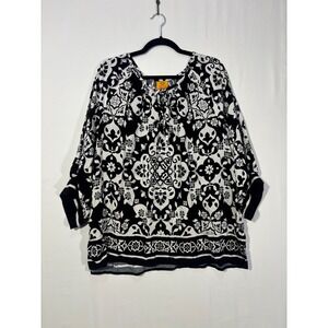 Boho Damask Ruby Rd Woman Blouse Womens 2X Black White Floral Print Tie Neck Top